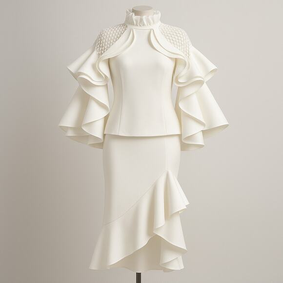 WHY White Avant Garde 2 PC Set Maxi Skirt SZ L Sculptural Ruffle Formal Theater - Picture 2 of 14